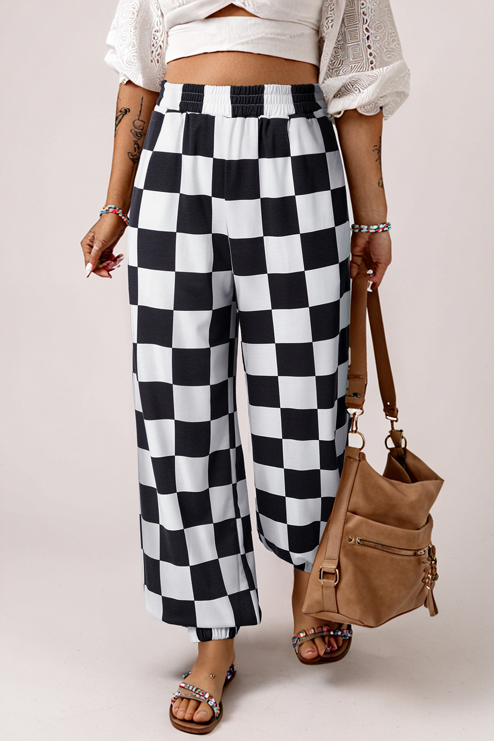 Black 2-Tone Checked Print High Waist Wide Leg Pants