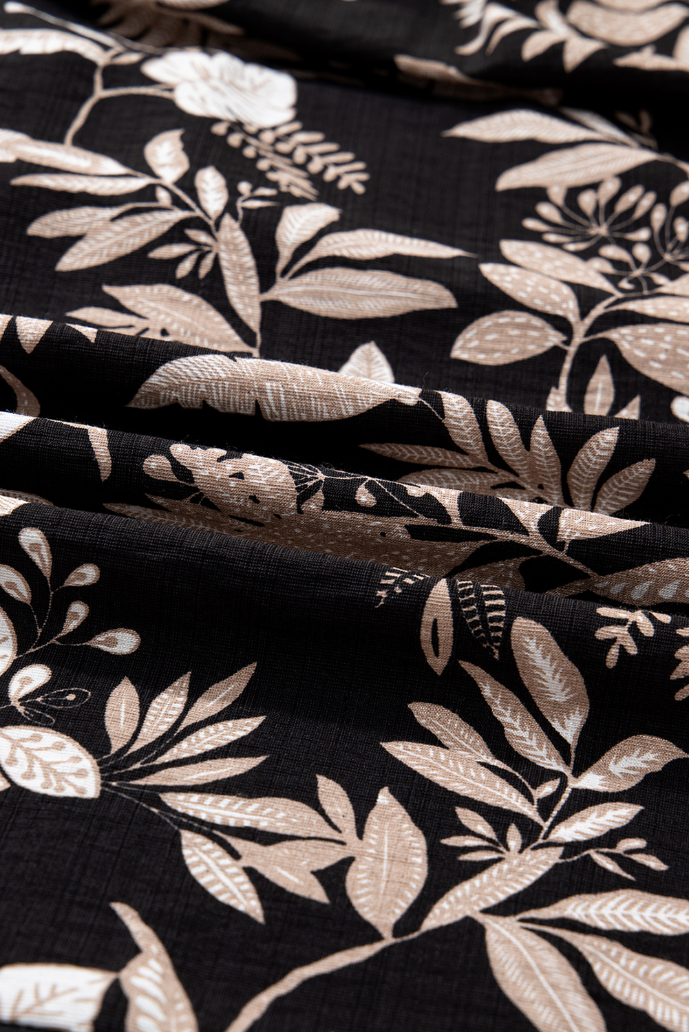 Black 3/4 Sleeve Botanical Print Split Neck Loose Mini Dress