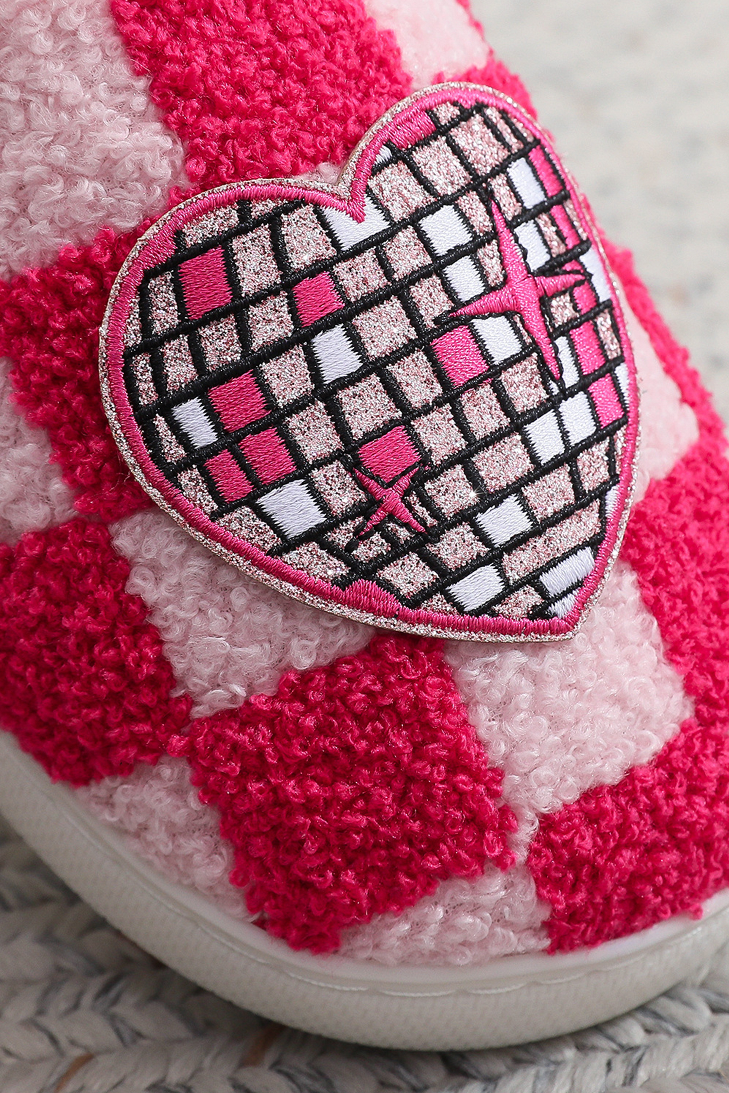 Fiery Red Disco Checkered Heart Plush Winter House Slippers
