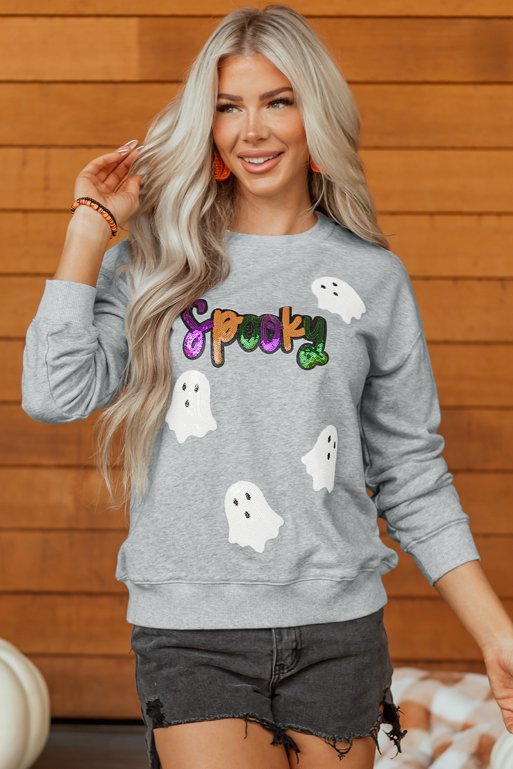 Gray Spooky Halloween Ghost Sequin Patched Sweatshirt