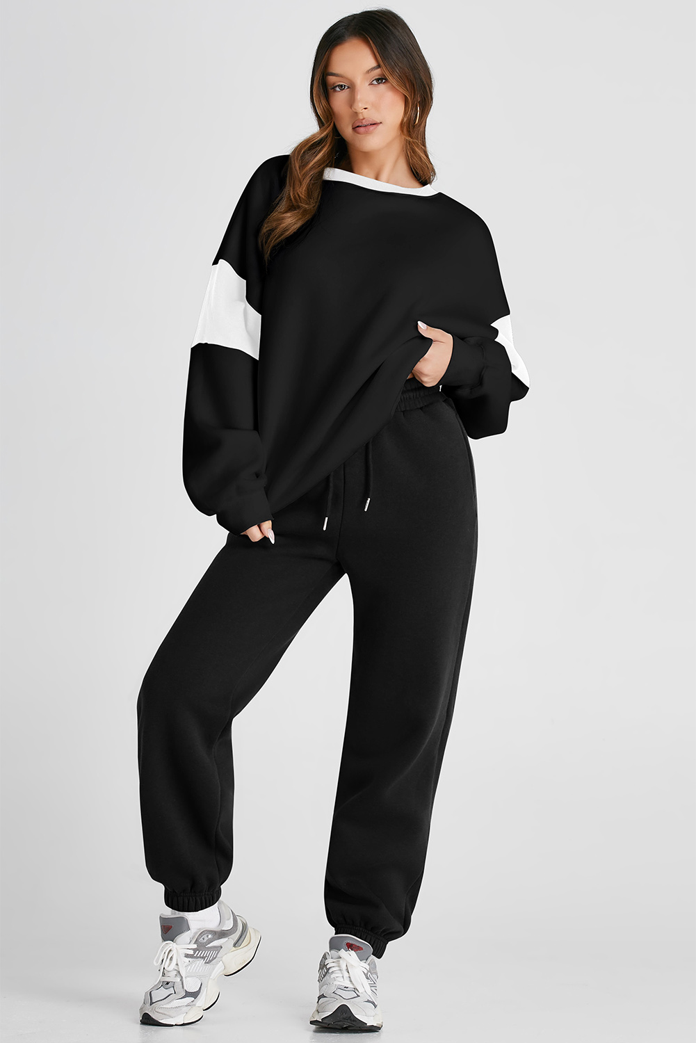 Black Drop Shoulder Loose Sweatshirt and Joggers Active Set