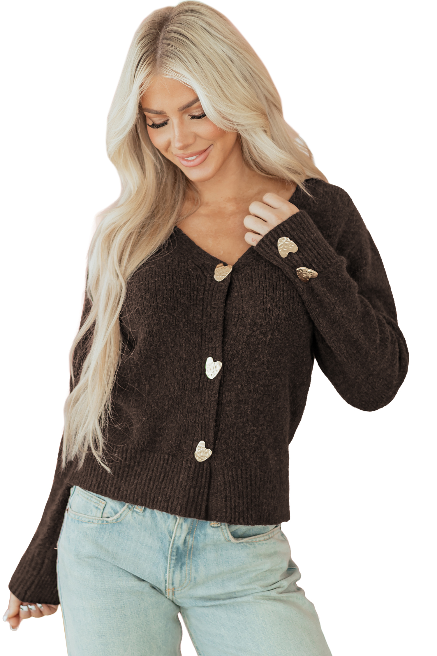 Fiery Red Heart Metal Button V Neck Cardigan Sweater