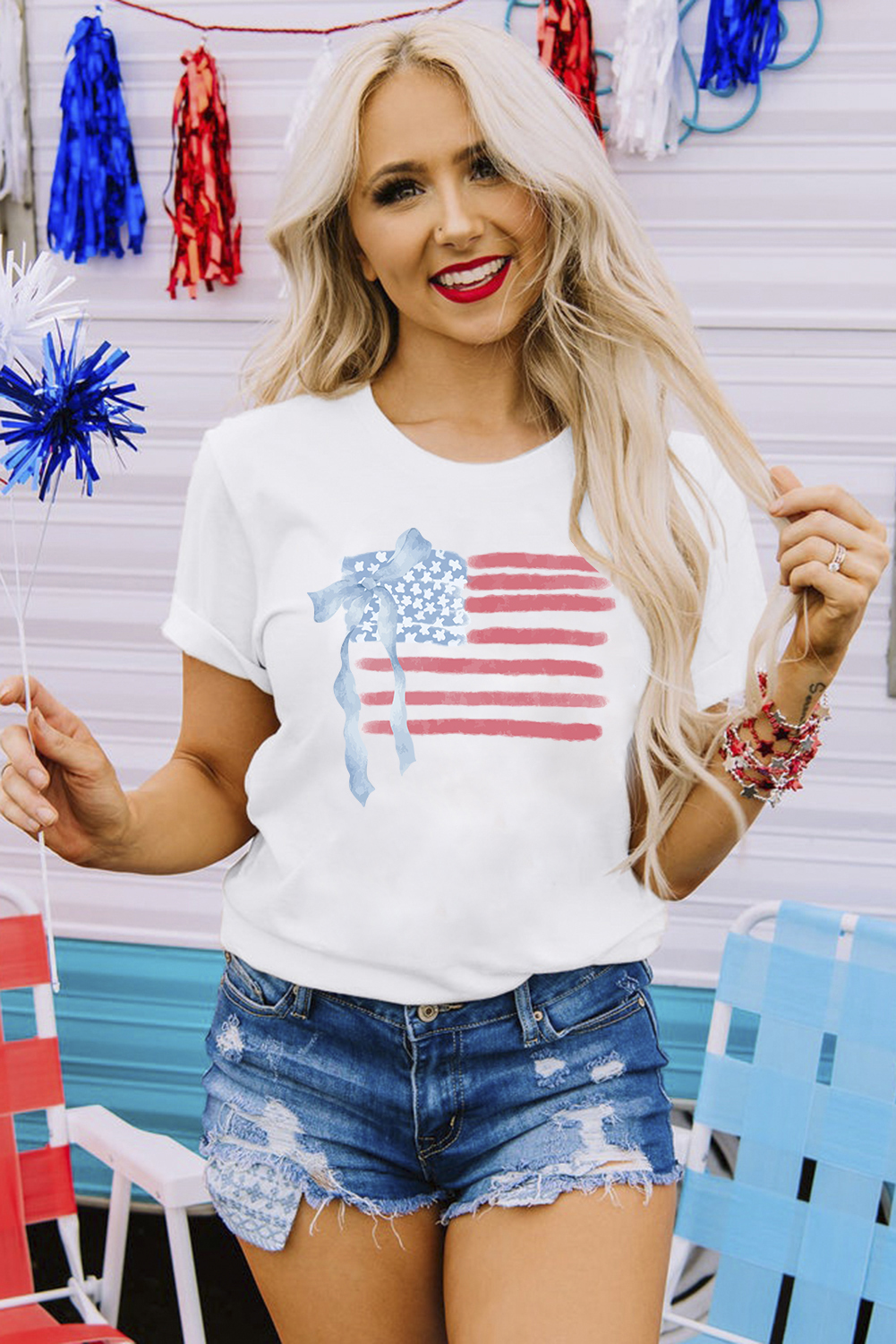White American Flag Bow Knot Print Crew Neck T Shirt