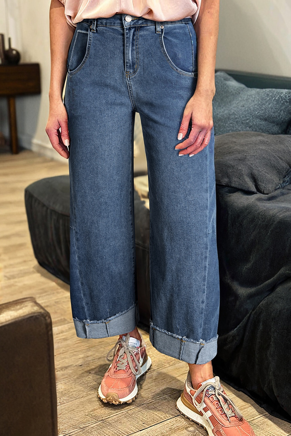 Ashleigh Blue Stitched Raw Hem Wide Leg Loose Jeans