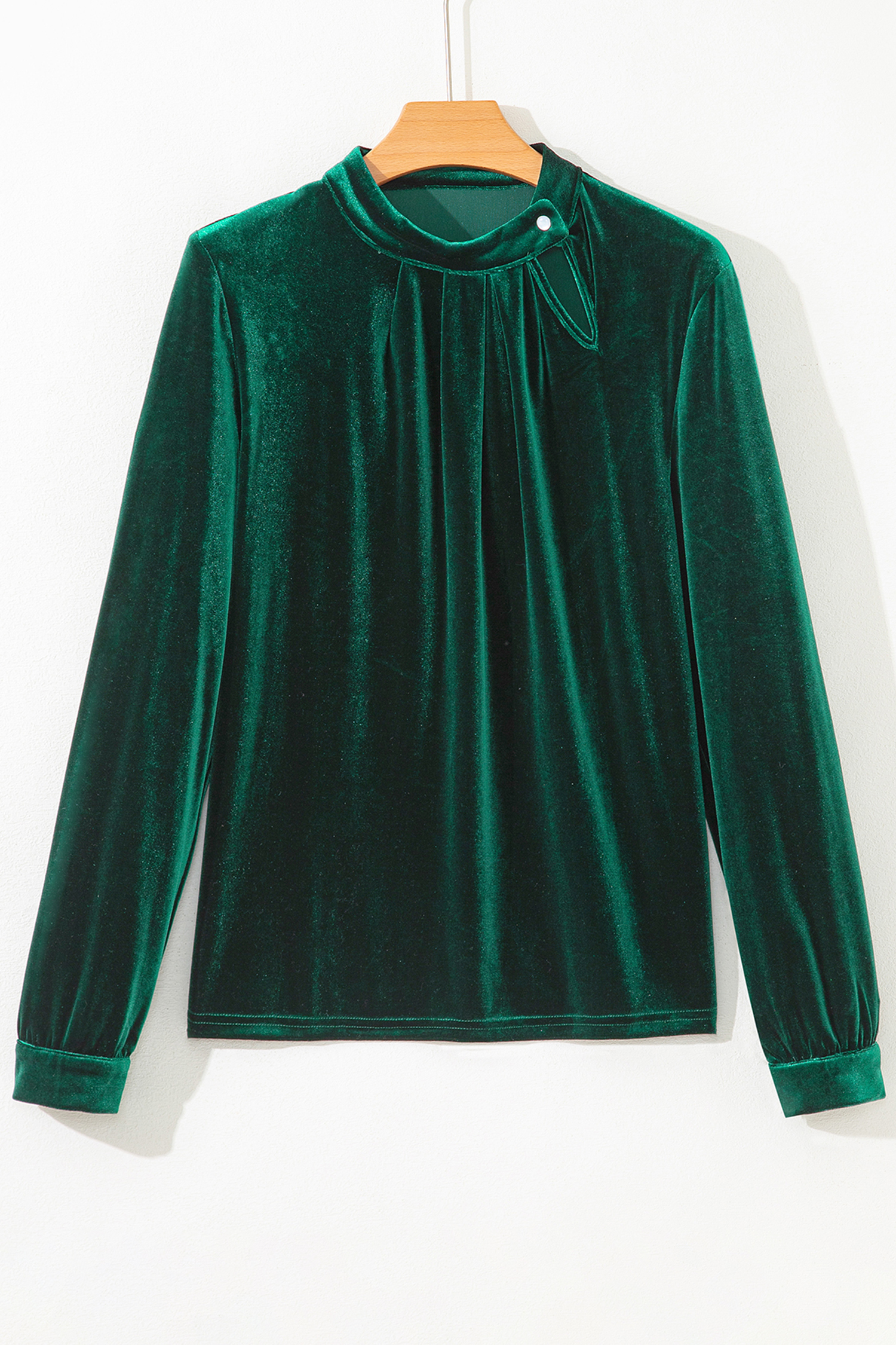 Red Dahlia Asymmetric Button Keyhole Neck Long Sleeve Velvet Blouse