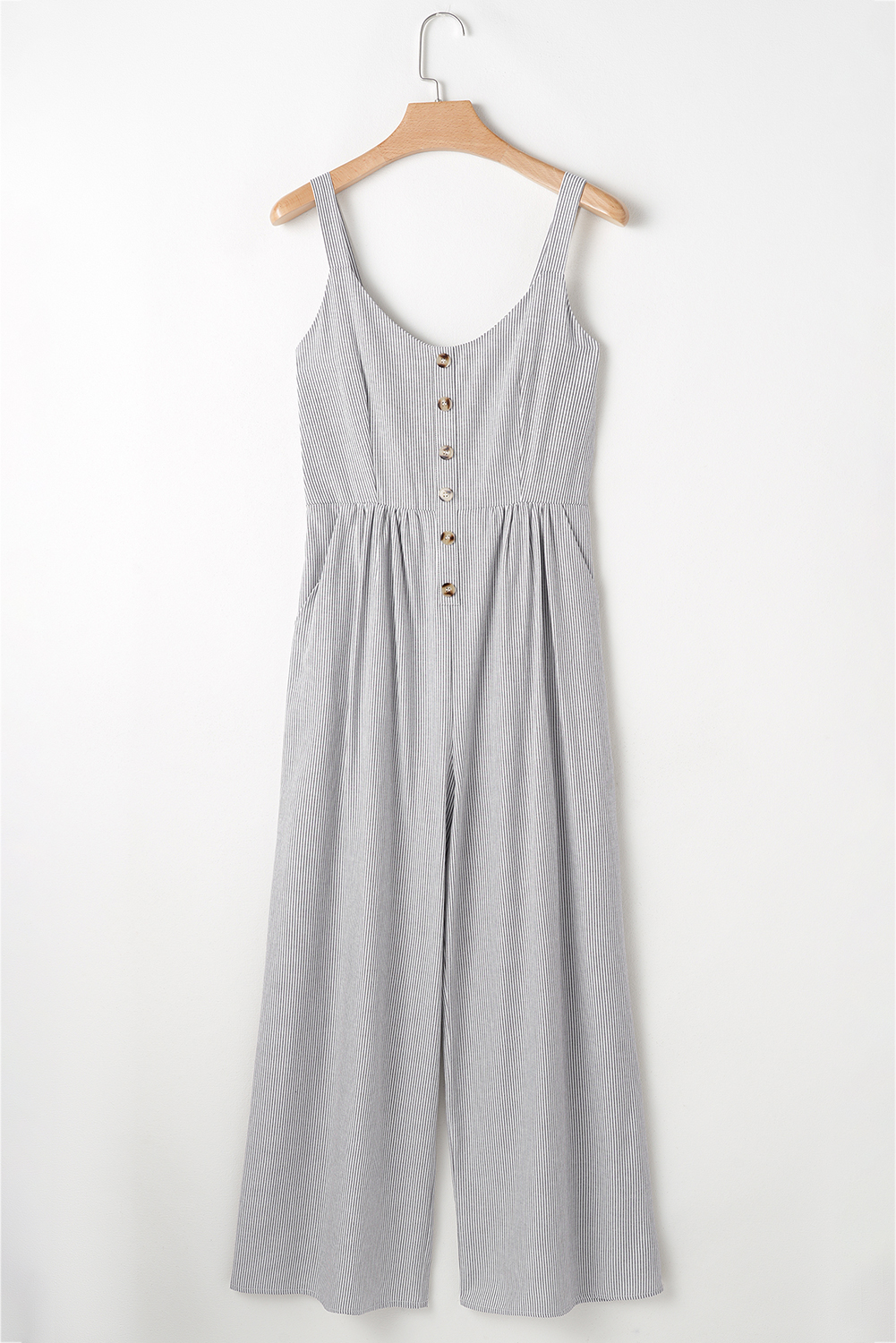 Black Stripe Half Buttoned Sleeveless Wide Leg Jumpsuit