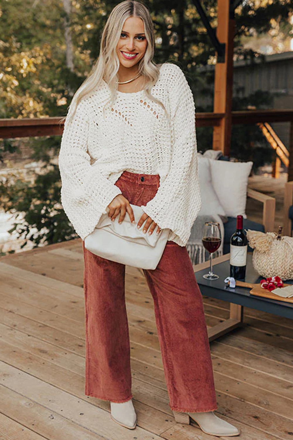 Camel Hollowed Detail Wide Sleeve Loose Pullover Sweater