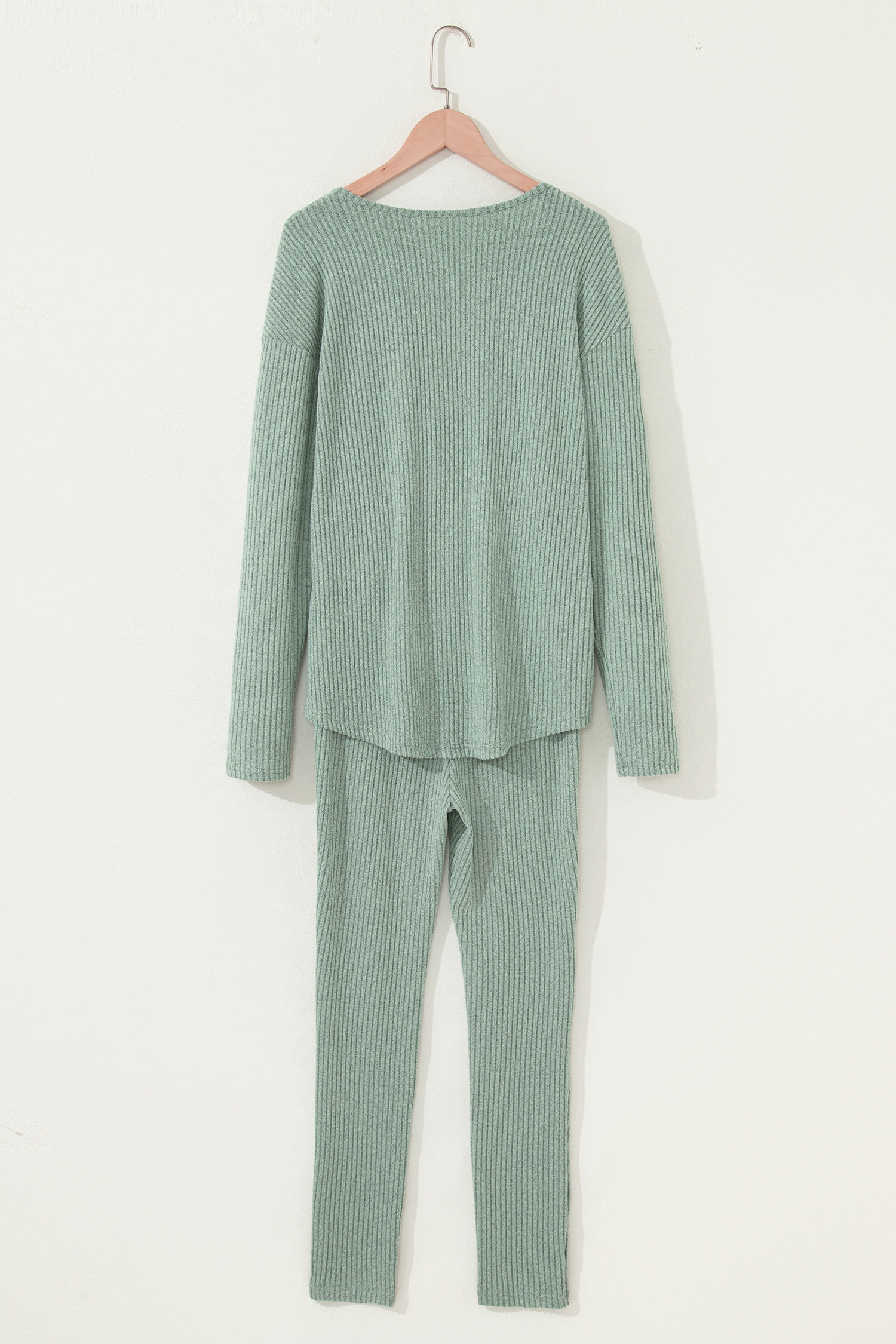 Black Ribbed Notched Neck Knit Long Sleeve Leggings Two Pieces Lounge Set