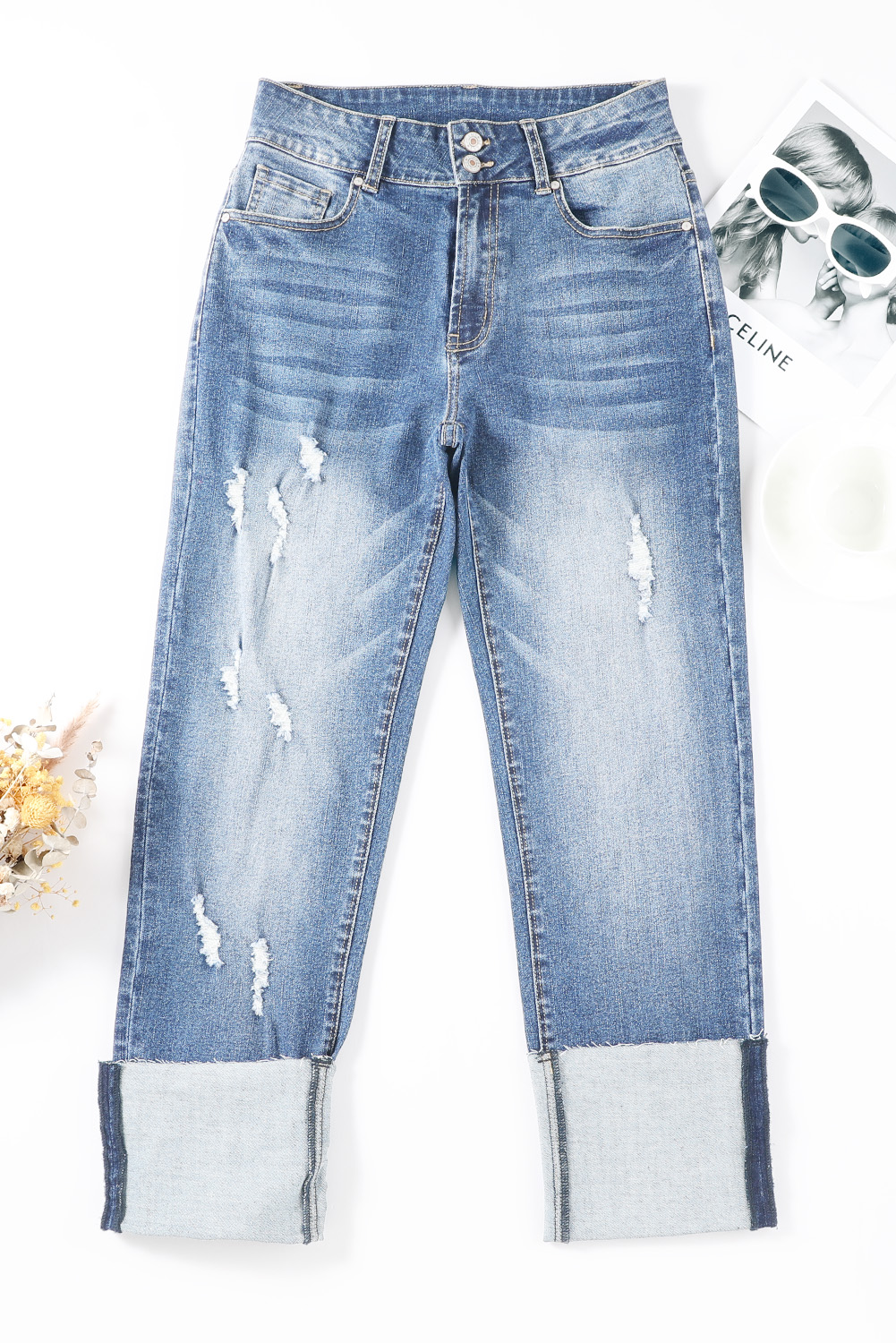 High Waist Distressed Straight Leg Jeans