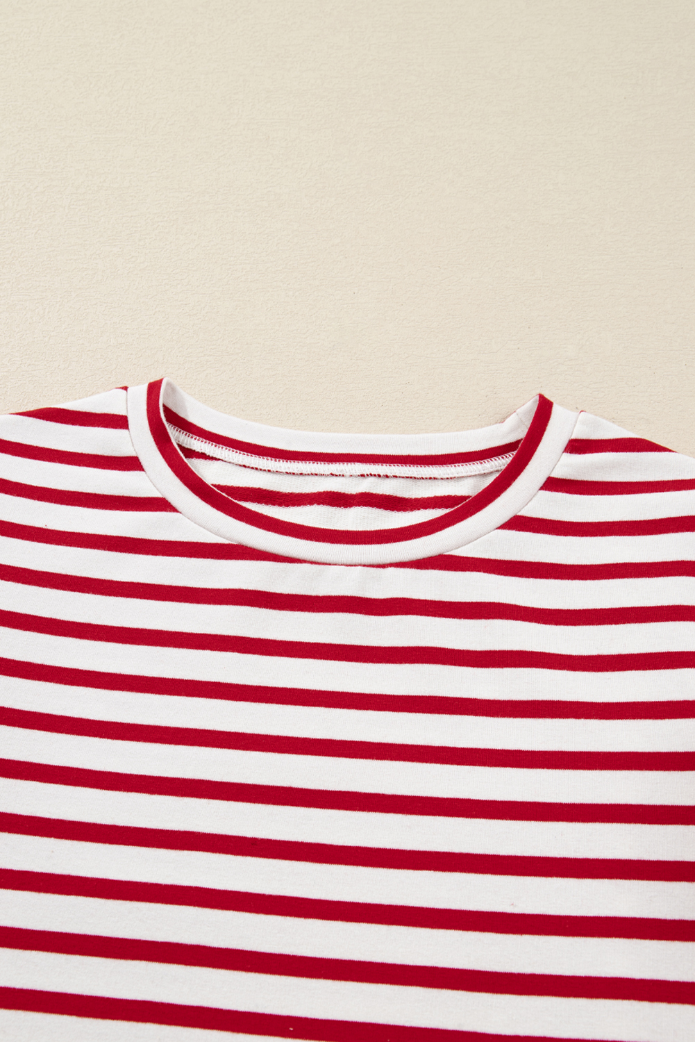 Red Stripe Round Neck Ruffle Trim Long Sleeve Top