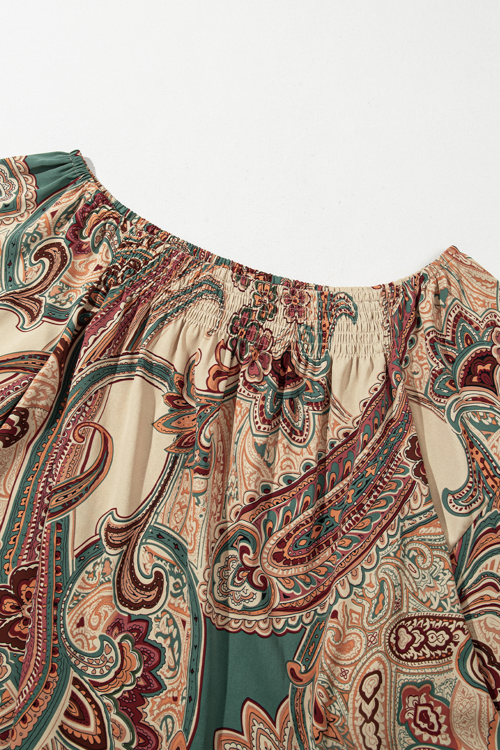 Apricot Paisley Printed Shirred Off Shoulder Ruffled Draped Sleeve Blouse