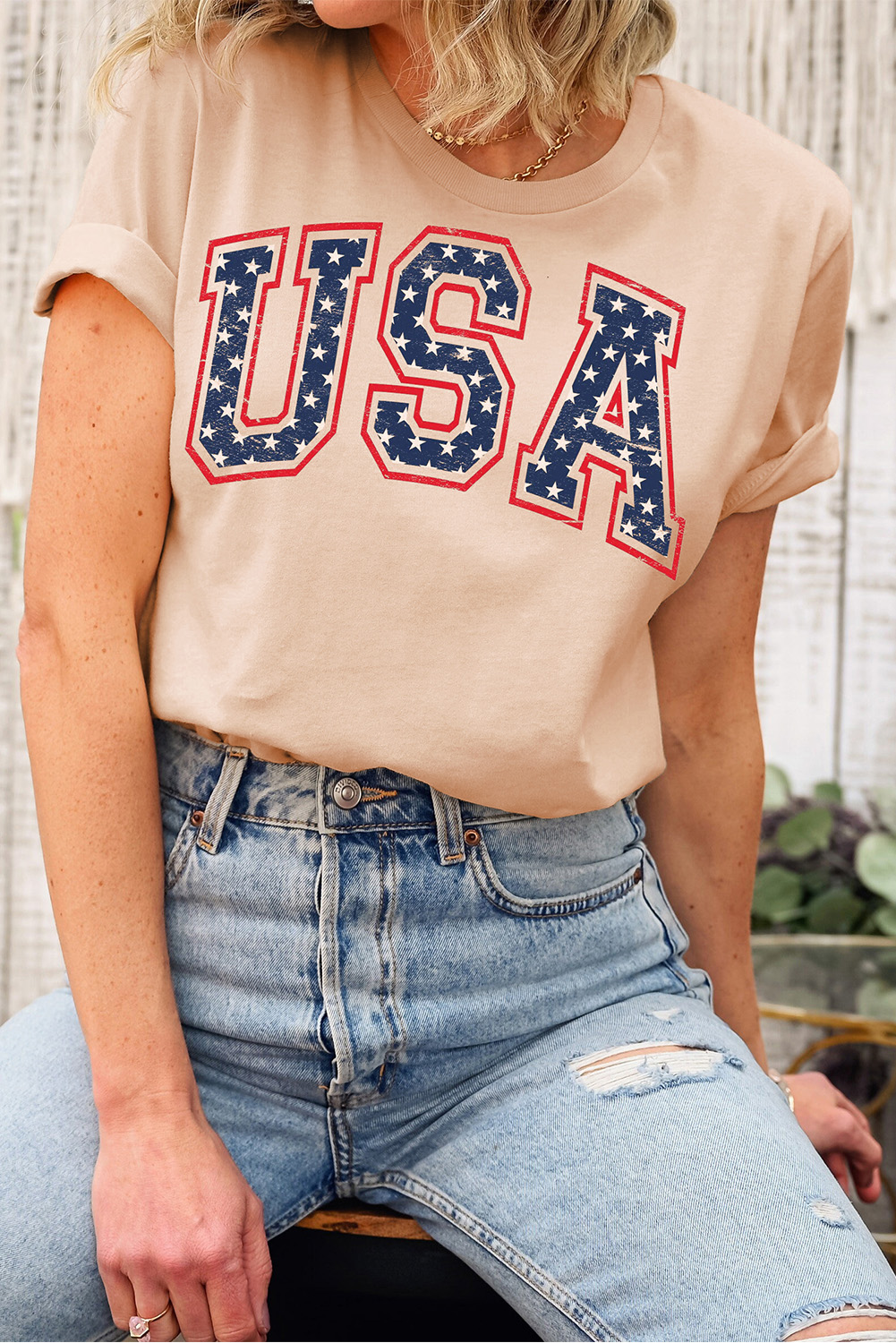 Gray Blooming USA Flag Print Casual T Shirt