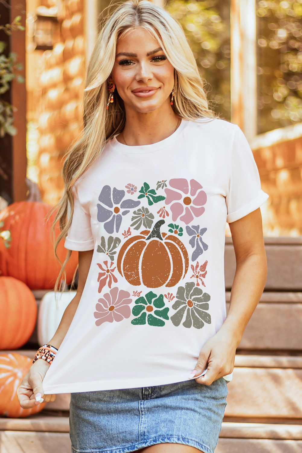 White Flower Pumpkin Distressed Graphic T Shirt