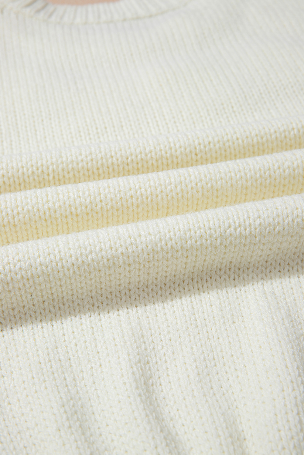 White Flower Detail Round Neck Contrast Textured Puff Sleeve Sweater