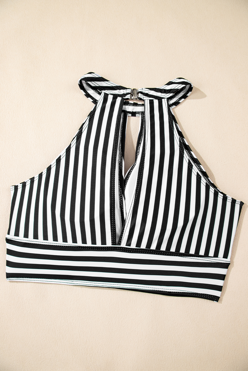 Black Striped Halter Top Drawstring Ruched High Waisted Bikini