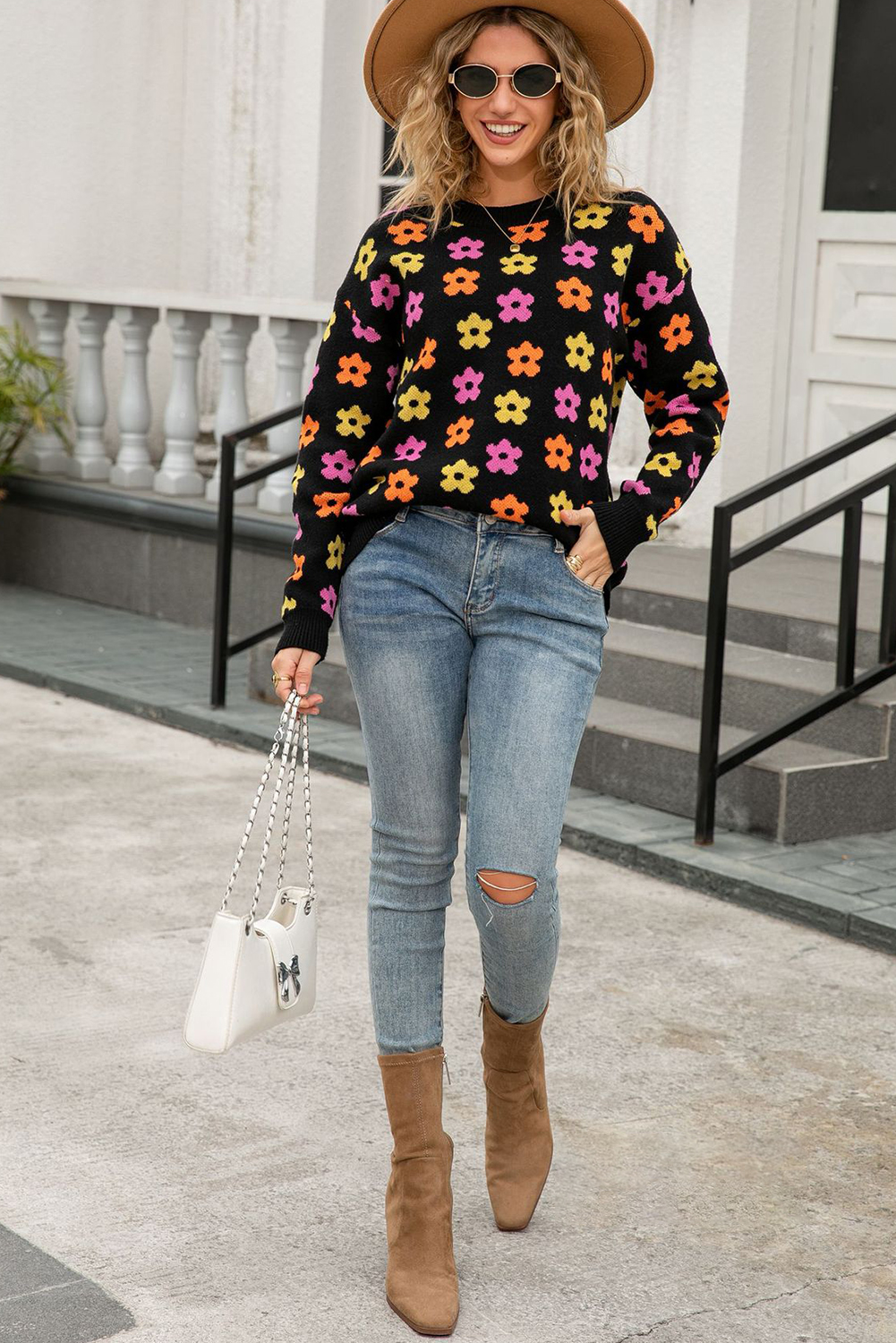 Apricot Cute Flower Allover Ribbed Trimmed Drop Shoulder Pullover Sweater
