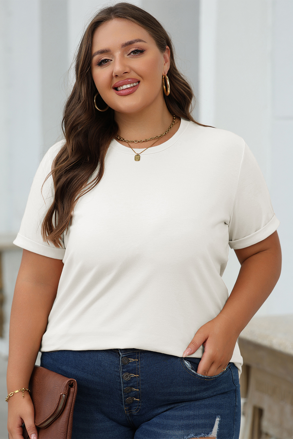 Khaki Casual Plain Crew Neck Tee