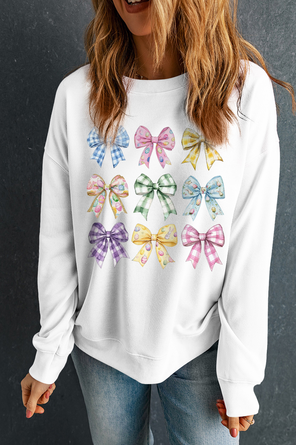White Easter Eggs Plaid Bow Graphic Drop Shoulder Sweatshirt