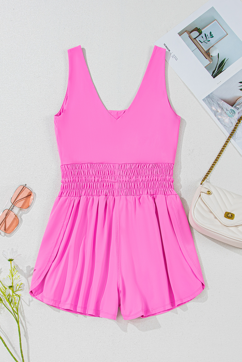 Black Plain Sleeveless Loop Drawstring Cinched Waist Romper