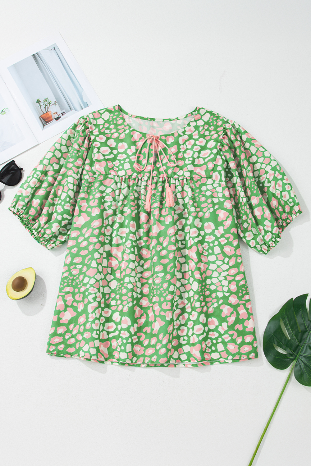Green Abstract Leopard Tied Front Flutter Sleeve Blouse
