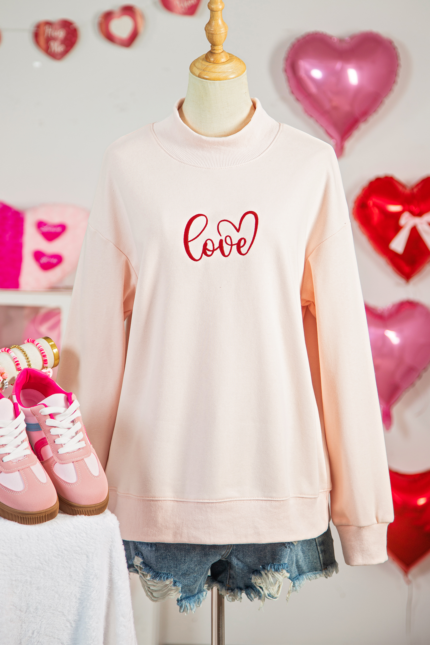 Apricot Pink Mock Neck Love Letter Embroidered Valentines Day Sweatshirt