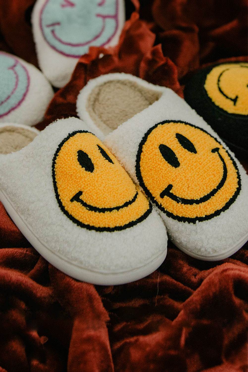 Pink Smile Face Print Non-slip Plush Slippers