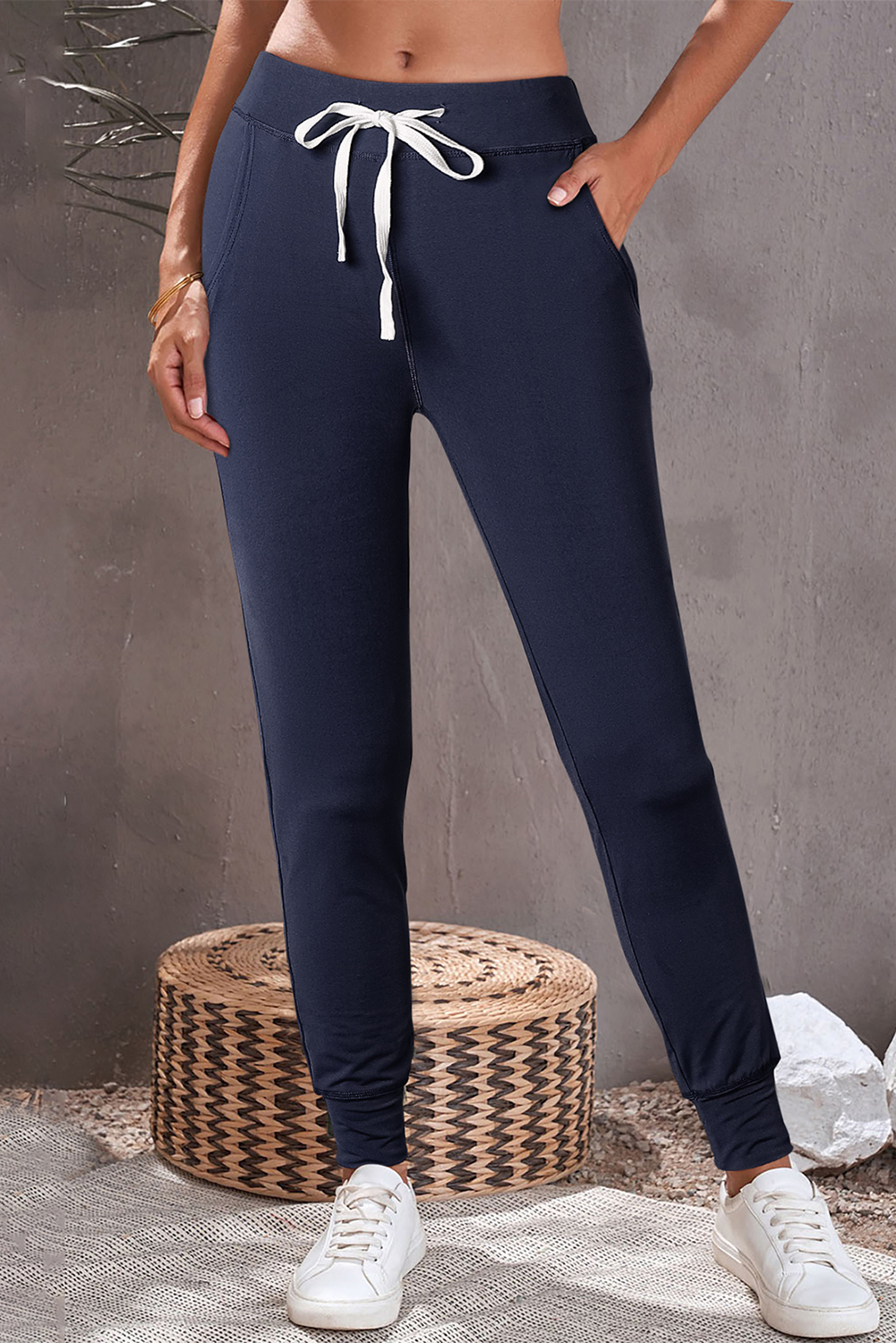 Black Drawstring Elastic Waistband Pocketed Joggers