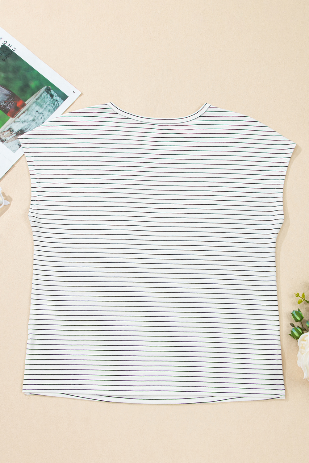 White Stripe Cap Sleeve Crew Neck Casual Tee with Chest Pocket