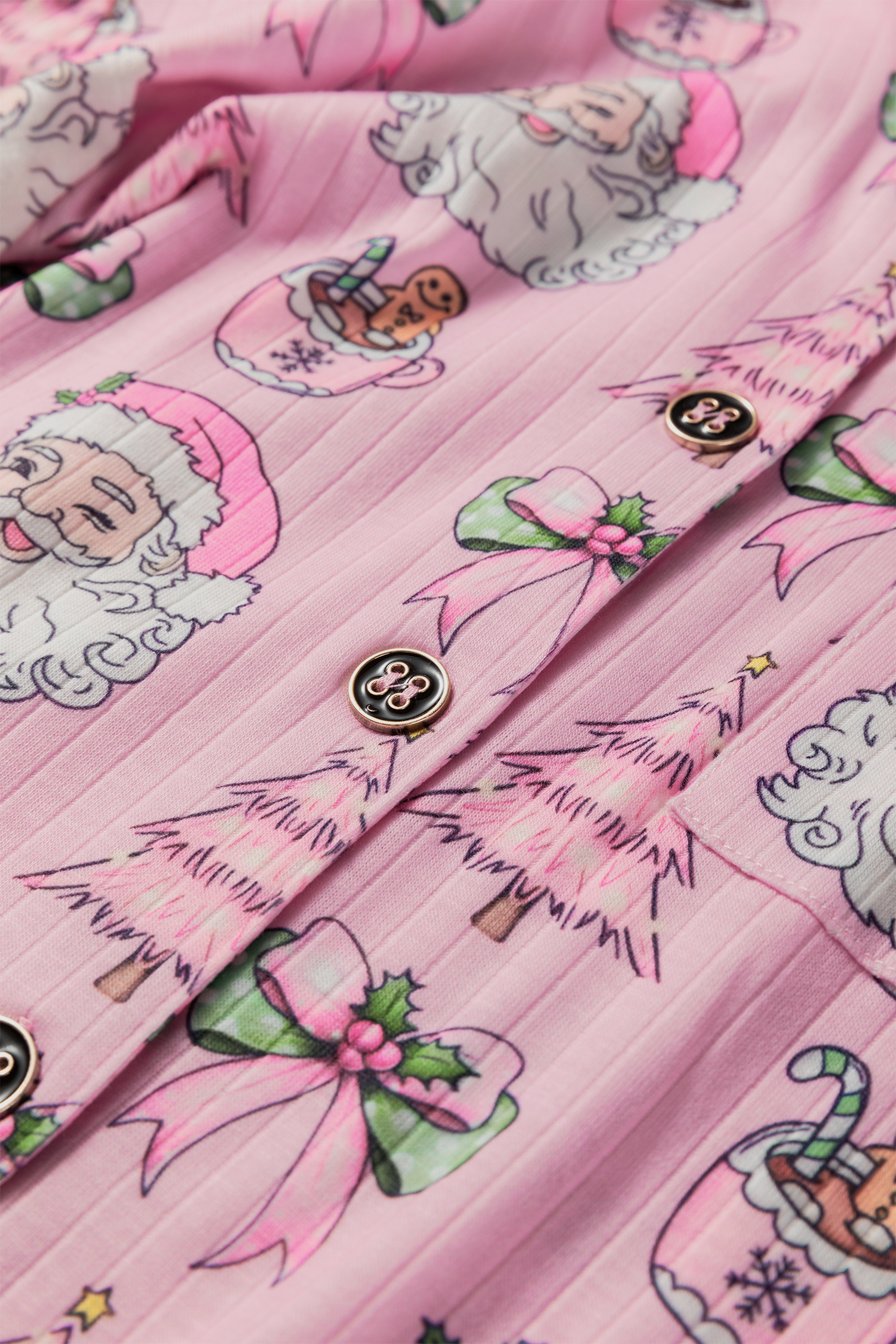 Pink Christmas Print Ruffled Ribbed Shirt & Pants 2 Piece PJ Set
