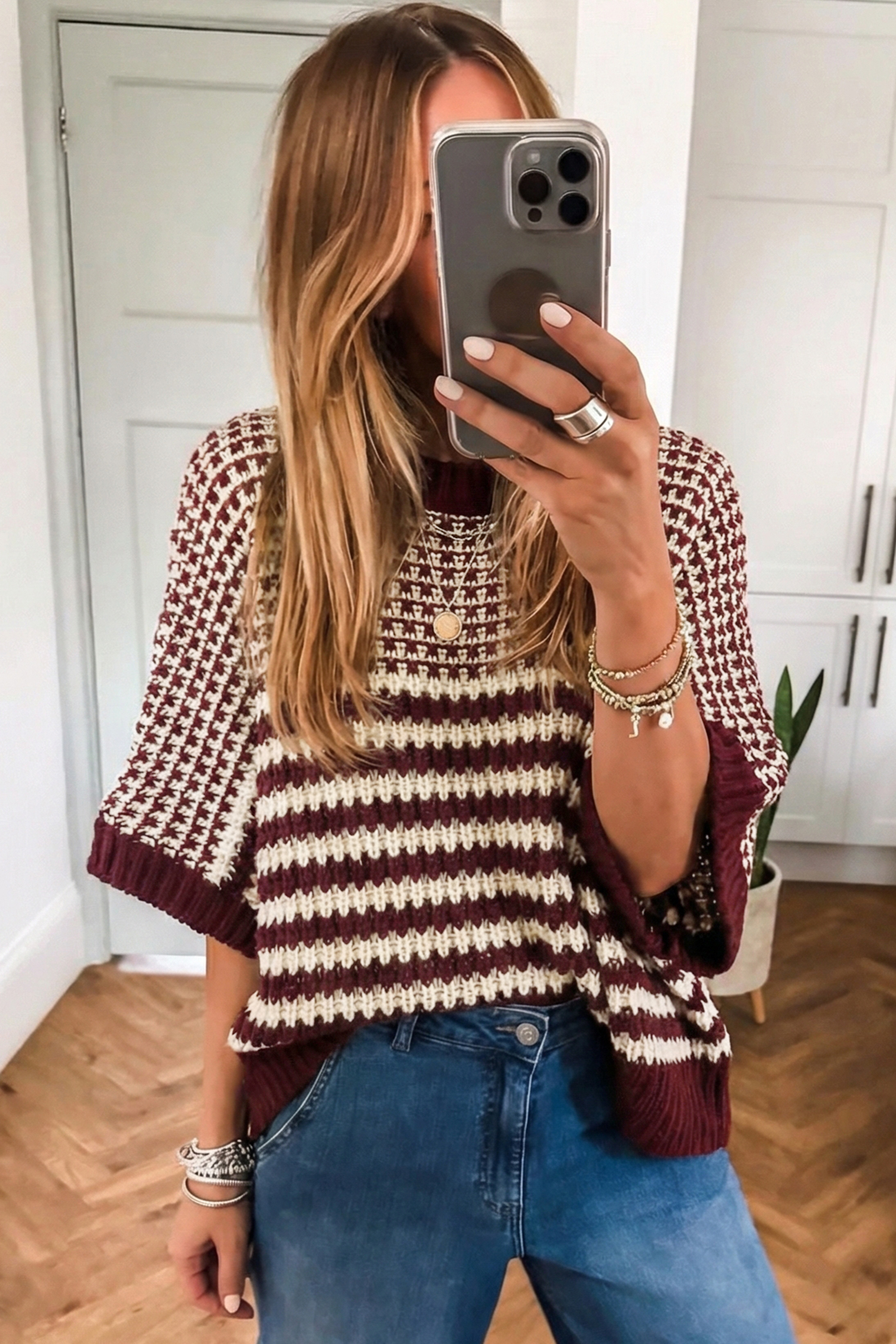 Black Stripe 3/4 Draped Sleeve Slouchy Sweater