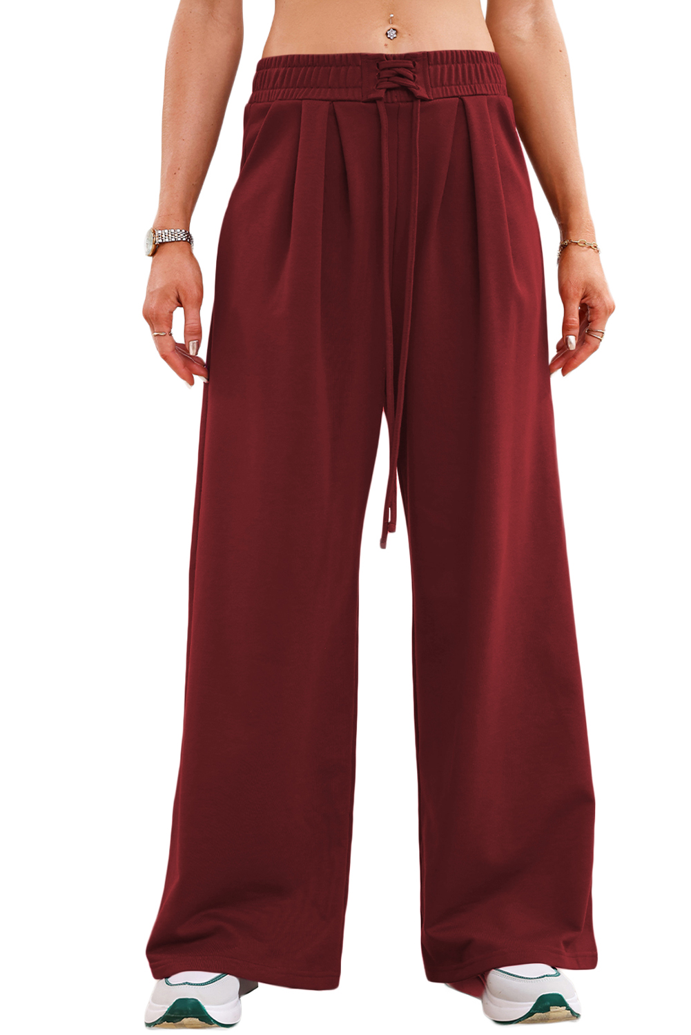 Burgundy Tied Elastic High Waist Pleated Detail Solid Sweatpants