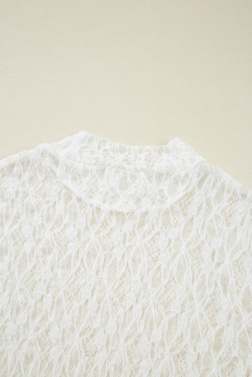 White Sheer Lace Bell Sleeve Mock Neck Blouse