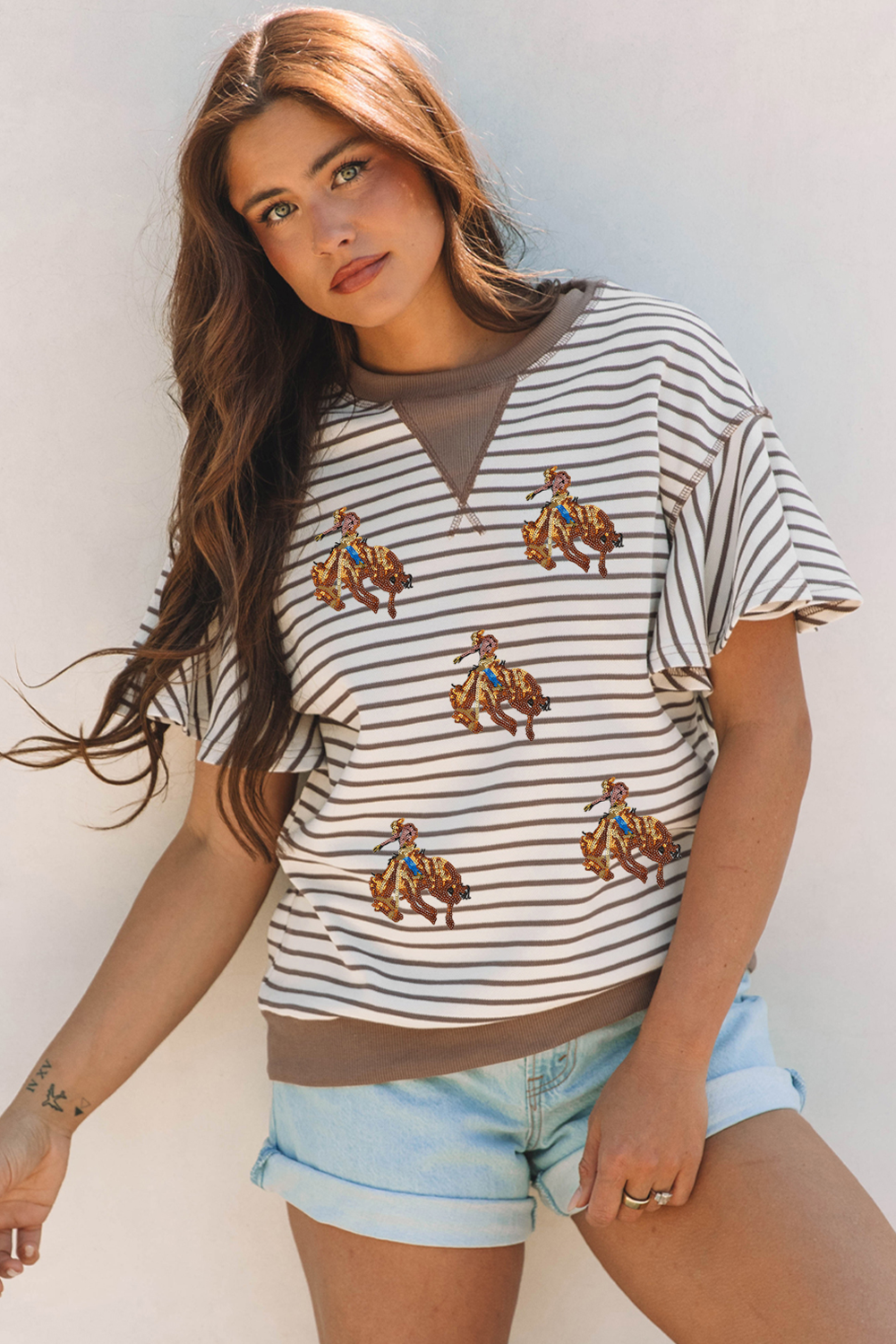 Parchment Sequin Rodeo Patch Pattern Striped Ruffled Sleeve Summer Top