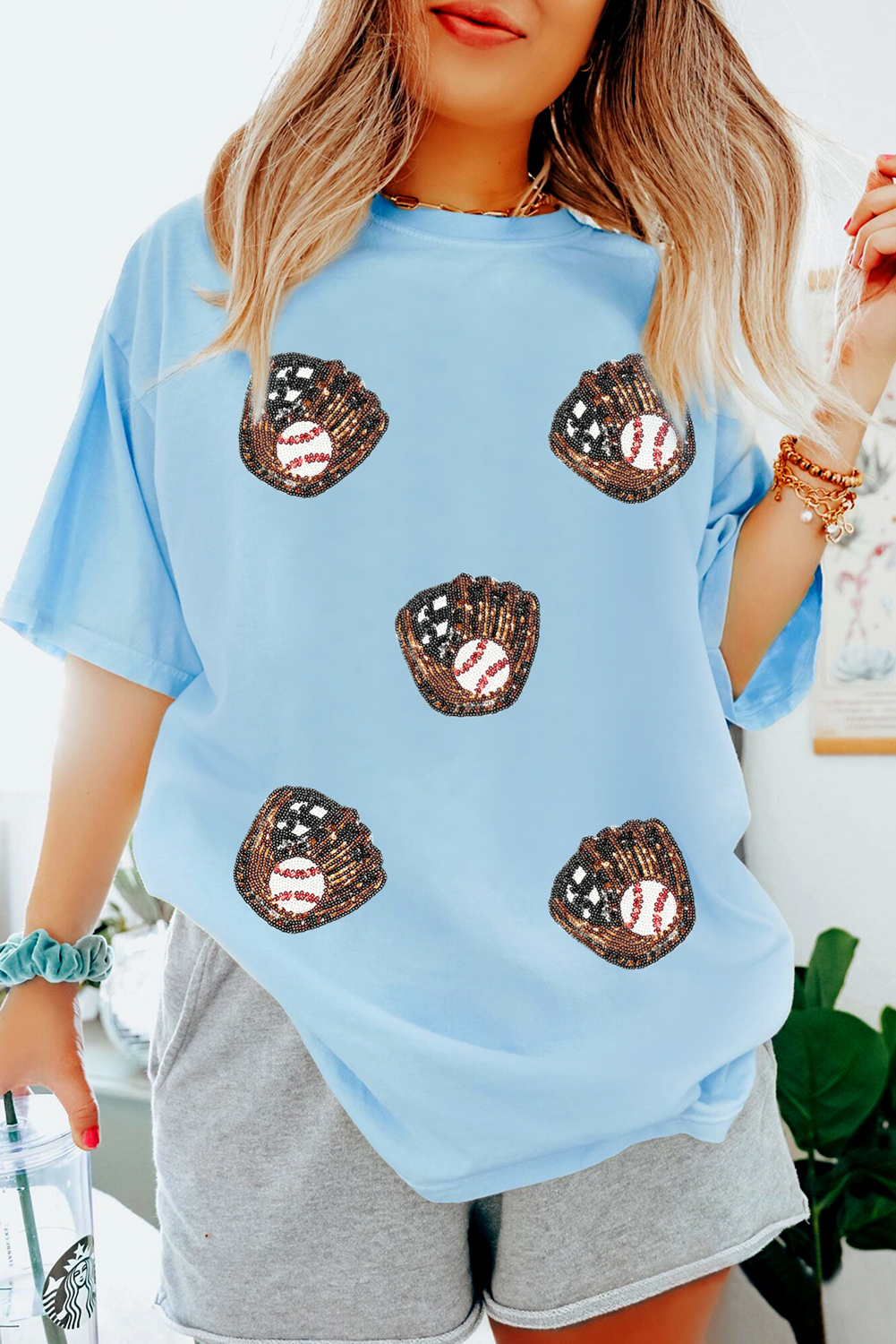 Light Blue Gopher Ball Sequin Patched Casual T Shirt