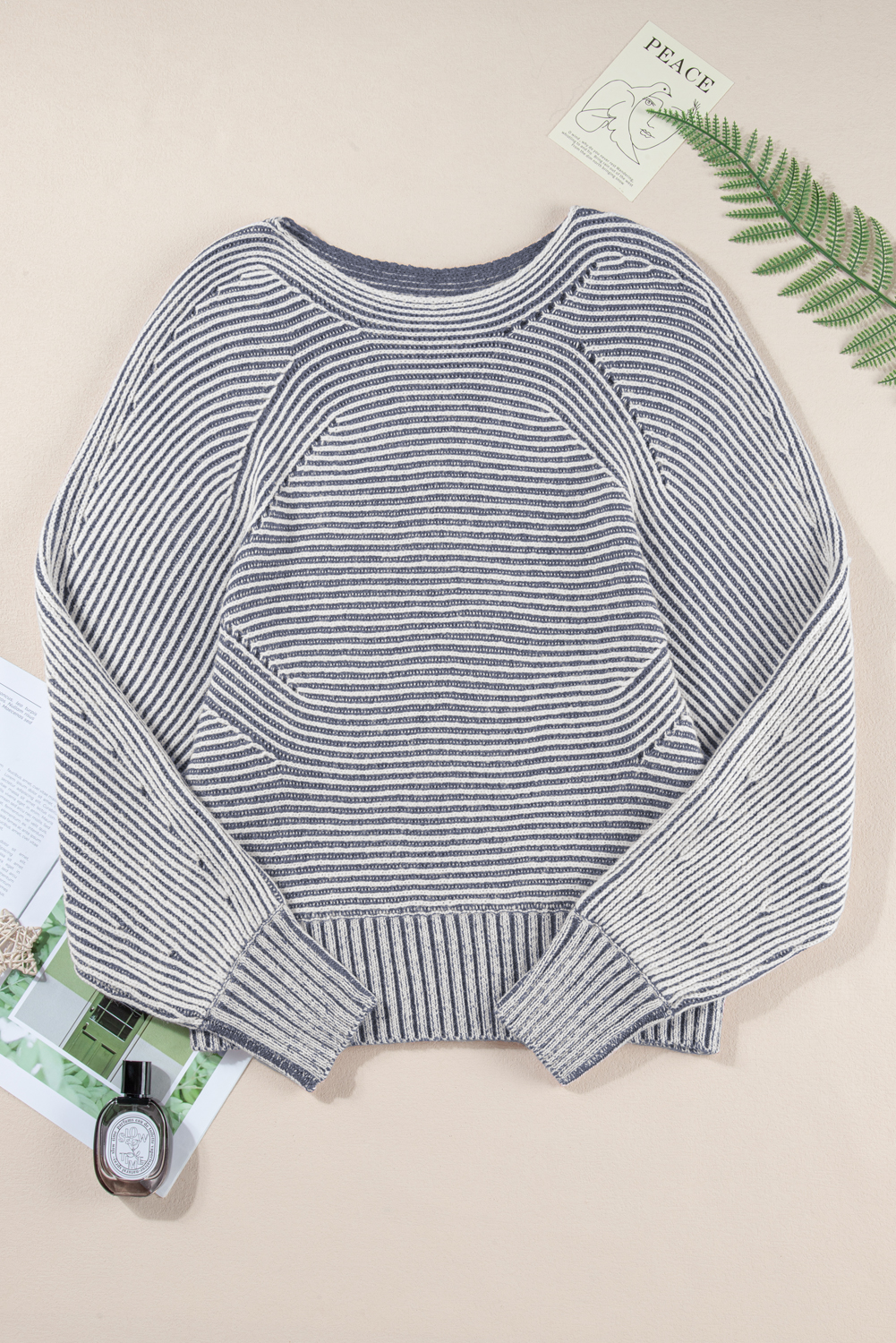 Coffee Striped Print Ribbed Knit Boat Neck Baggy Sweater