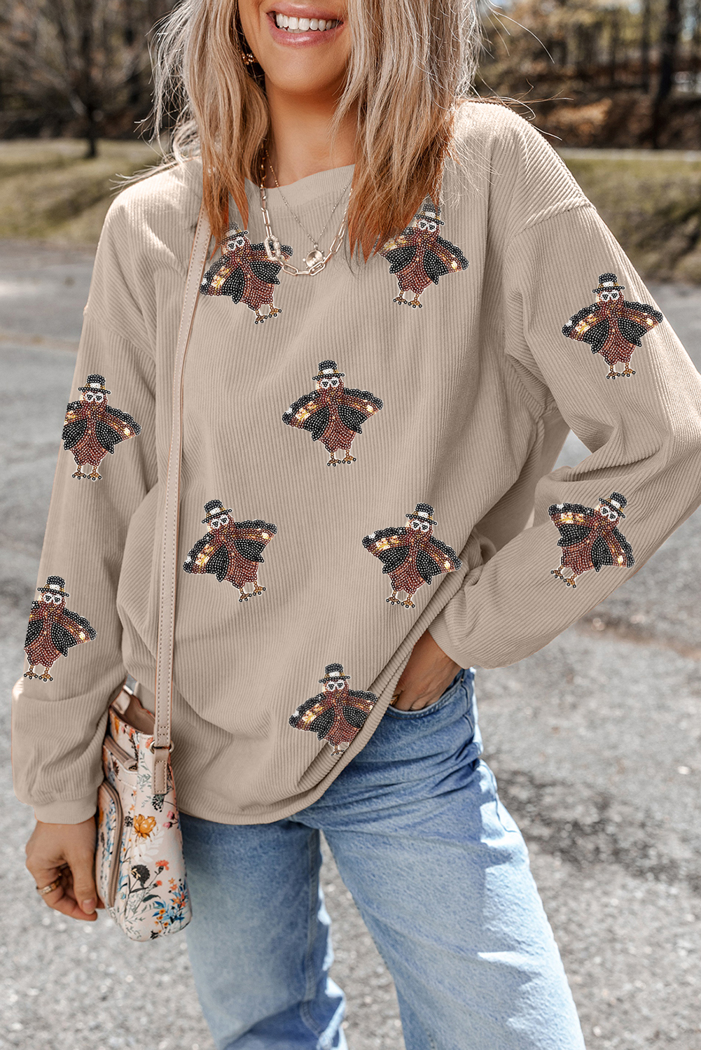 Smoke Gray Twisted Ribbed Sequined Thanksgiving Turkey Graphic Baggy Sweatshirt