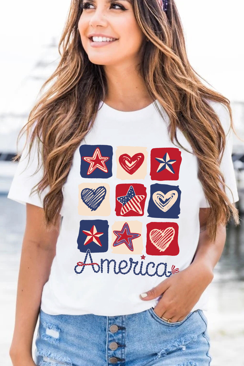 White American Heart Star Checkered Graphic Tee