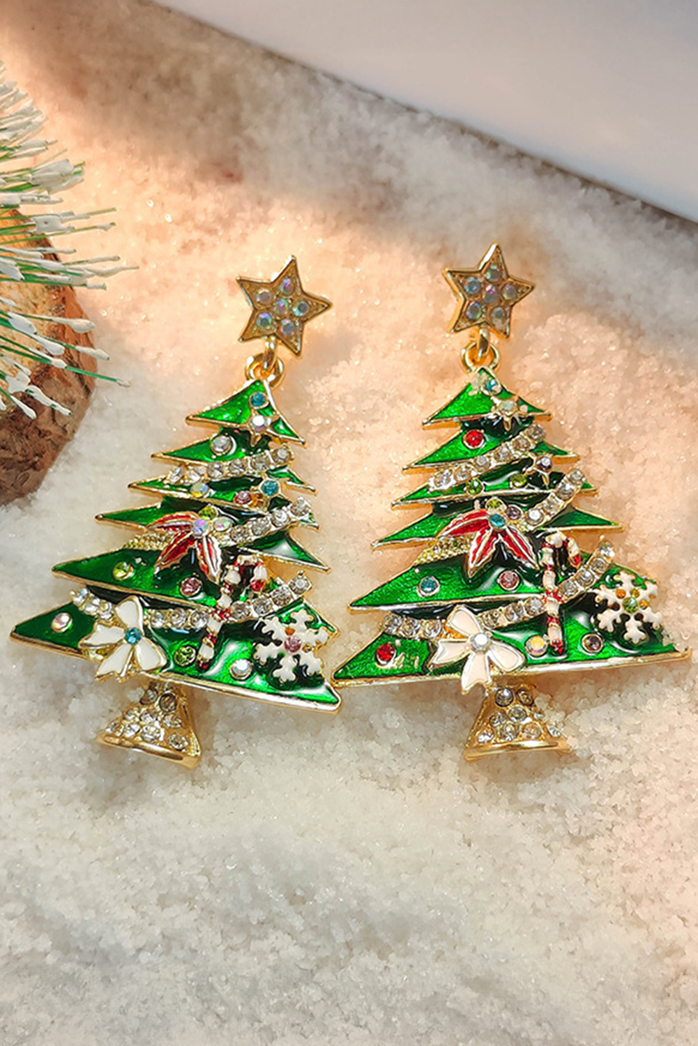 Bright Green Rhinestone Embellished Star Christmas Tree Earrings