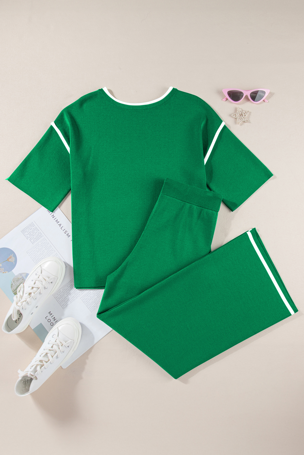 Blackish Green Contrast Trim Half Sleeve Top Drawstring Pants Loose 2pcs Sweater Suit