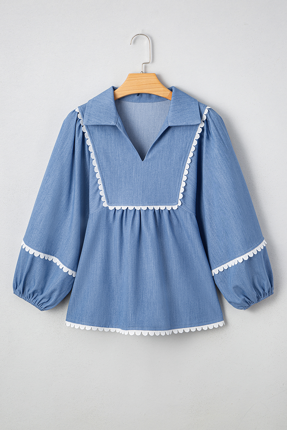 Dusk Blue Lace Ric Rac 3/4 Puff Sleeve Collared Babydoll Blouse