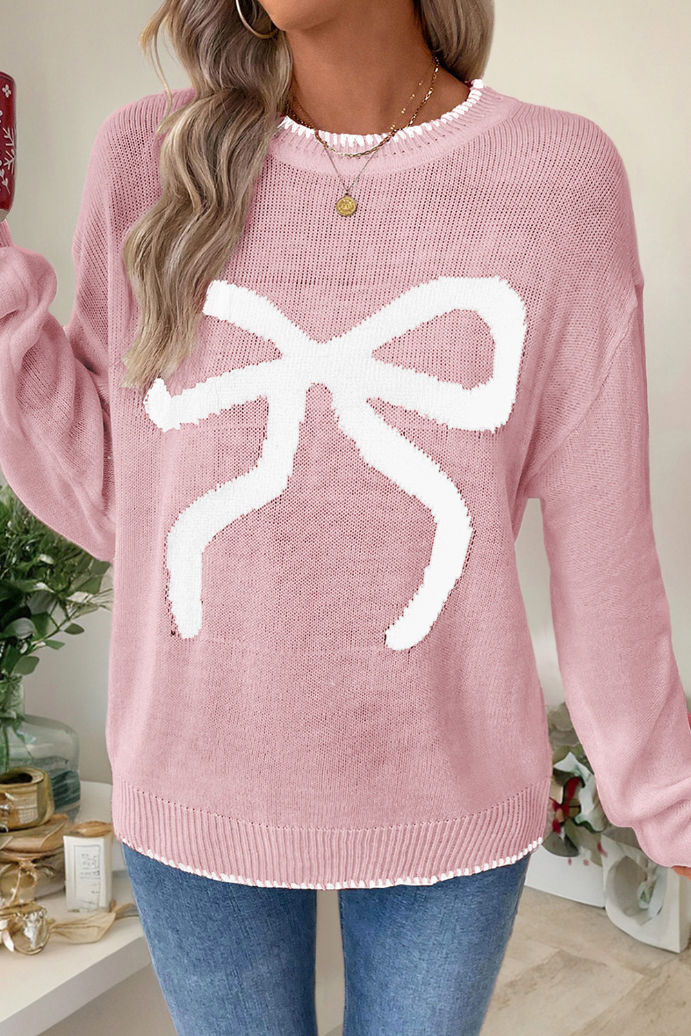 White Bow Pattern Contrast Trim Christmas Loose Graphic Sweater