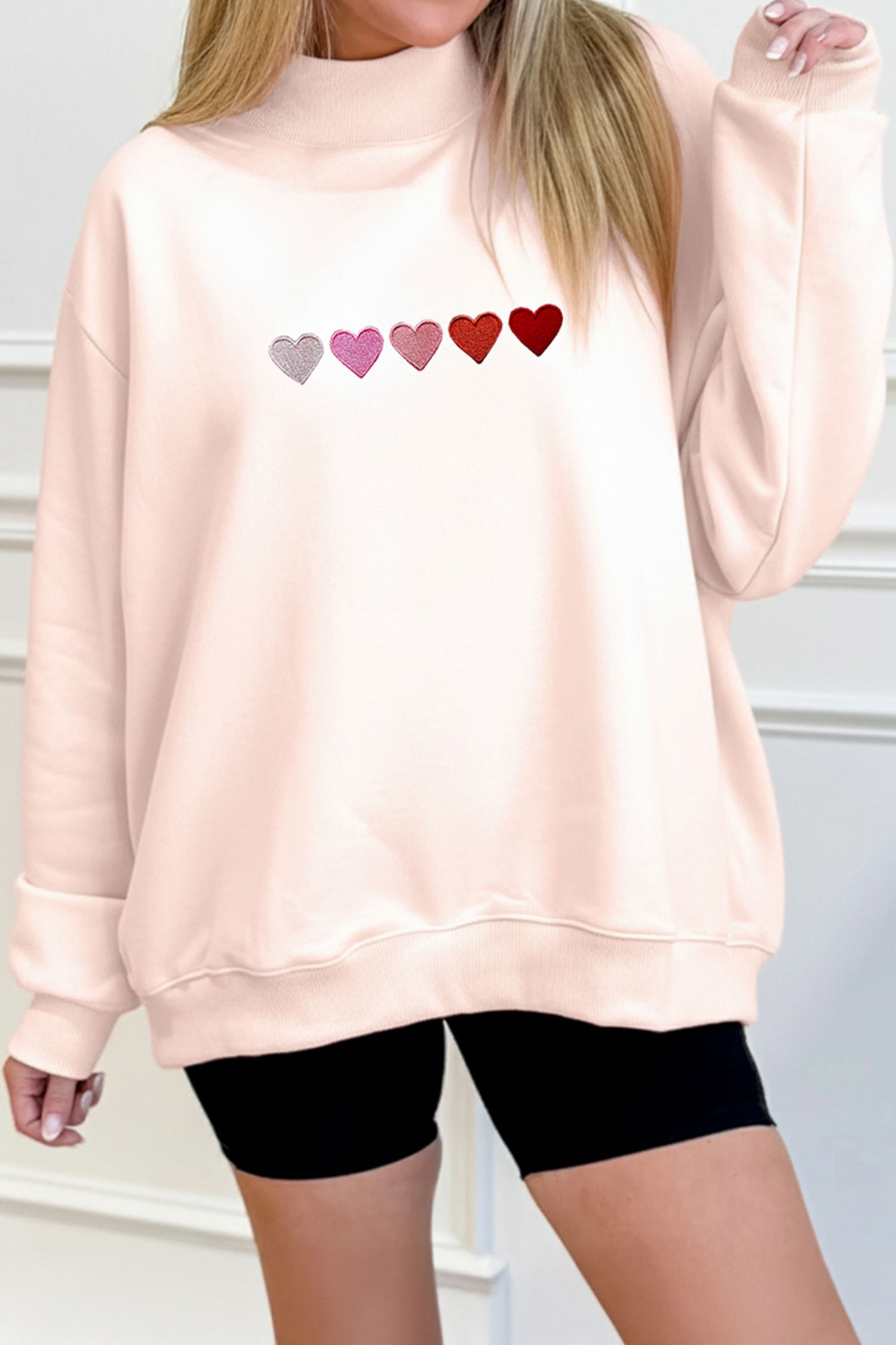 Apricot Pink A Line of Embroidered Hearts Graphic Mock Neck Sweatshirt