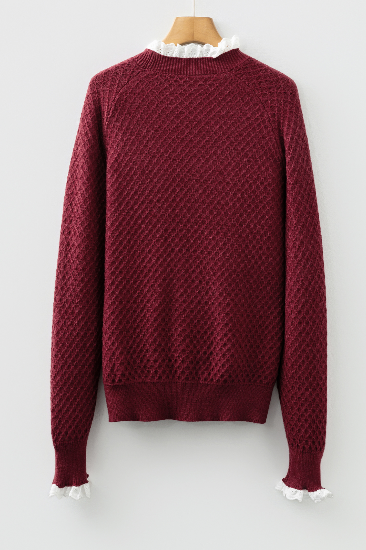 Burgundy  Contrast Lace Frilled Trim Raglan Sleeve Sweater