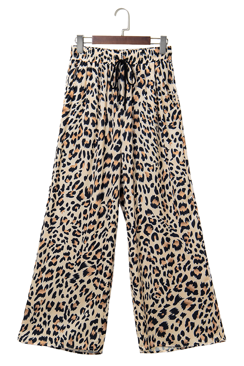 Parchment Leopard Drawstring Elastic Waistband Flowy Wide Leg Pants