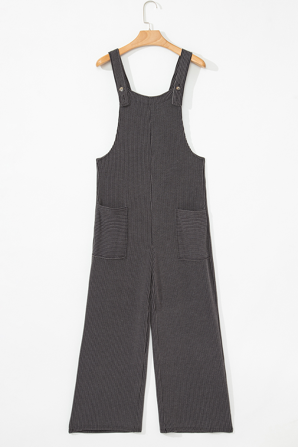 Dark Grey Ribbed Knit Patched Pocket Wide Leg Overalls