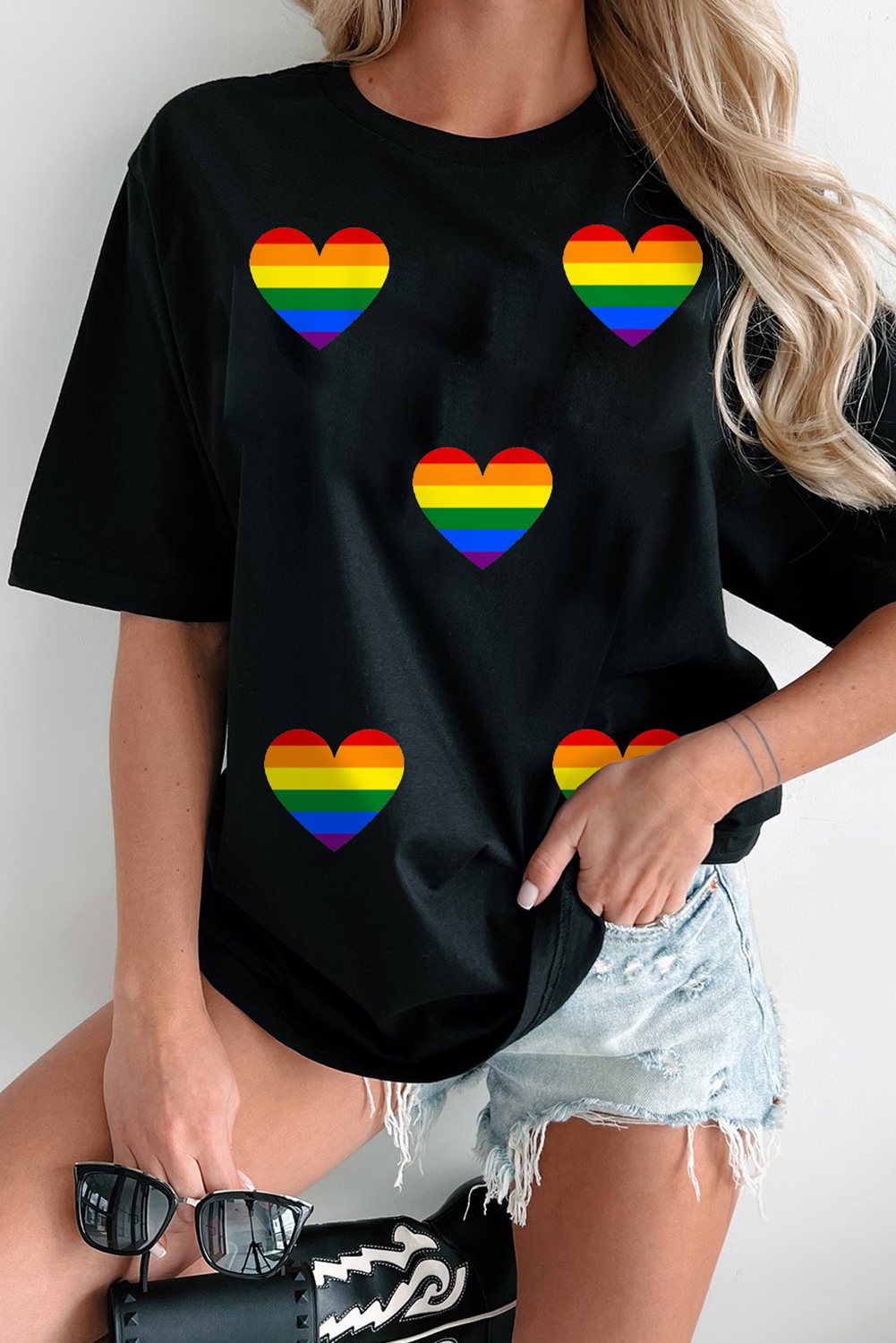 Black Heart Print Crew Neck Chic T Shirt