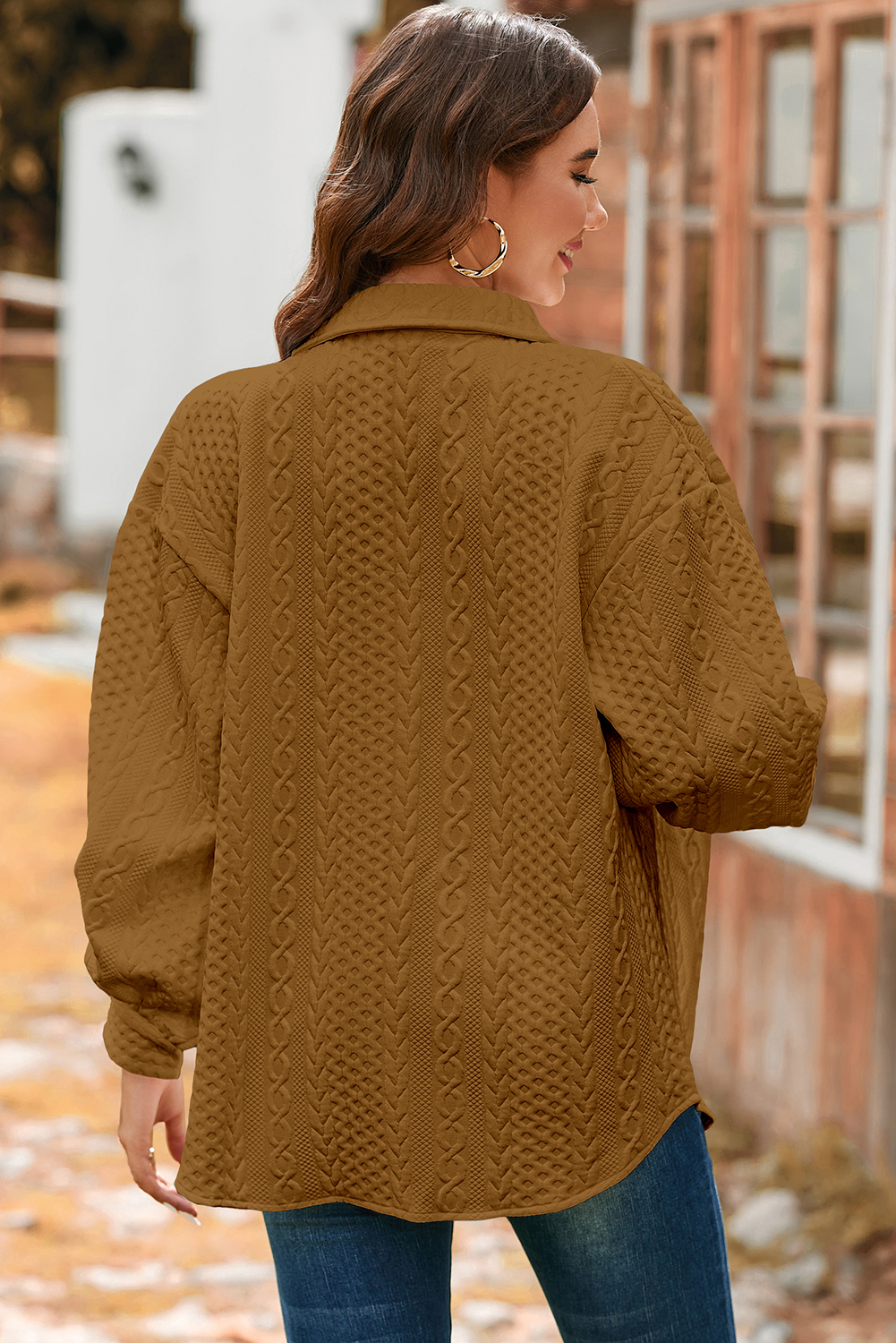 Sepia Rose Cable Texture Puff Sleeve Loose Shacket