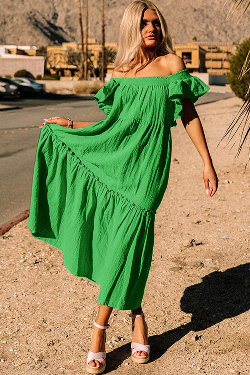 Sky Blue Ruffled Flutter Sleeve Square Neck Textured Tiered Maxi Dress