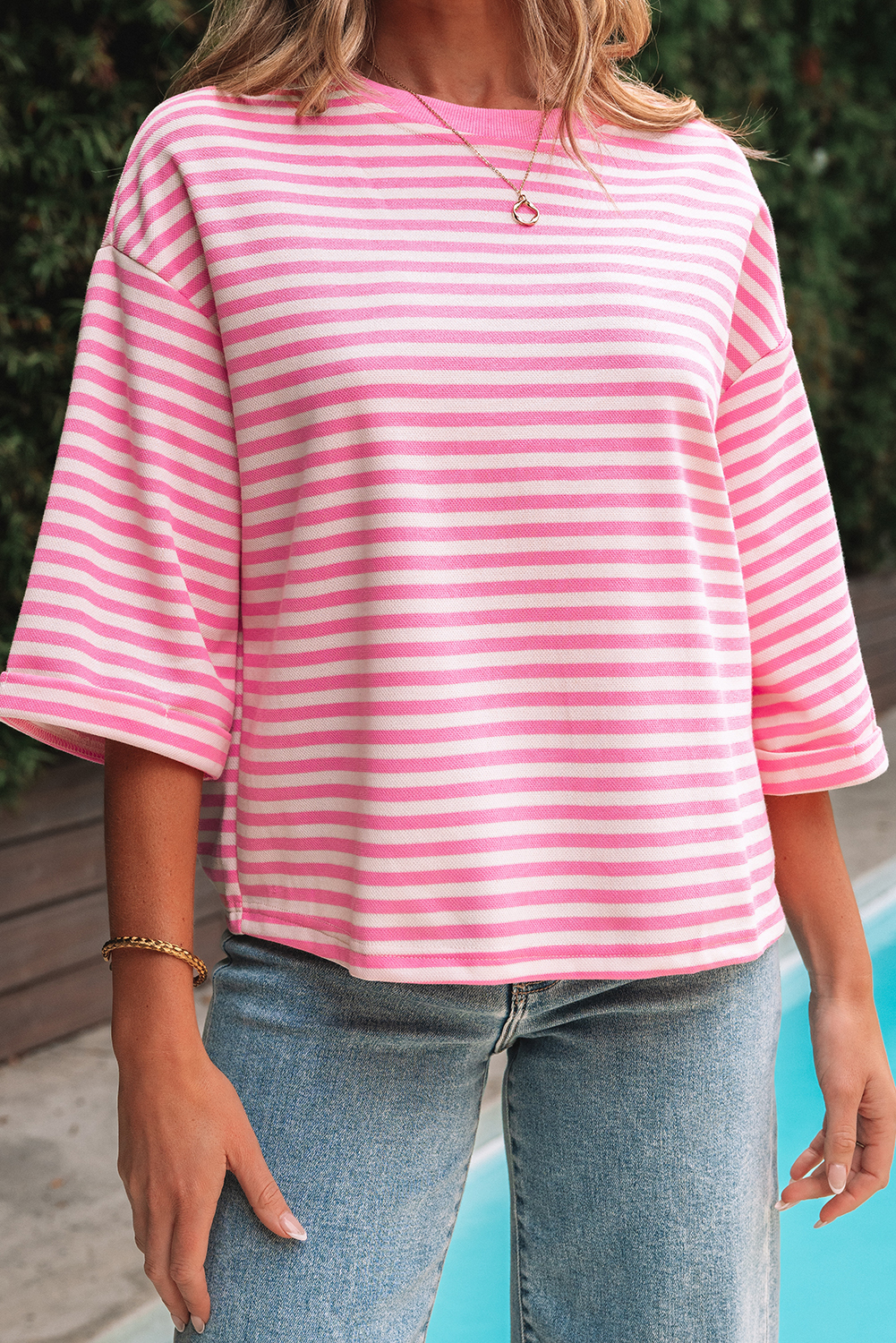 Red Stripe Bowknot Cutout Back Drop Shoulder Wide Bracelet Sleeve Loose Tee