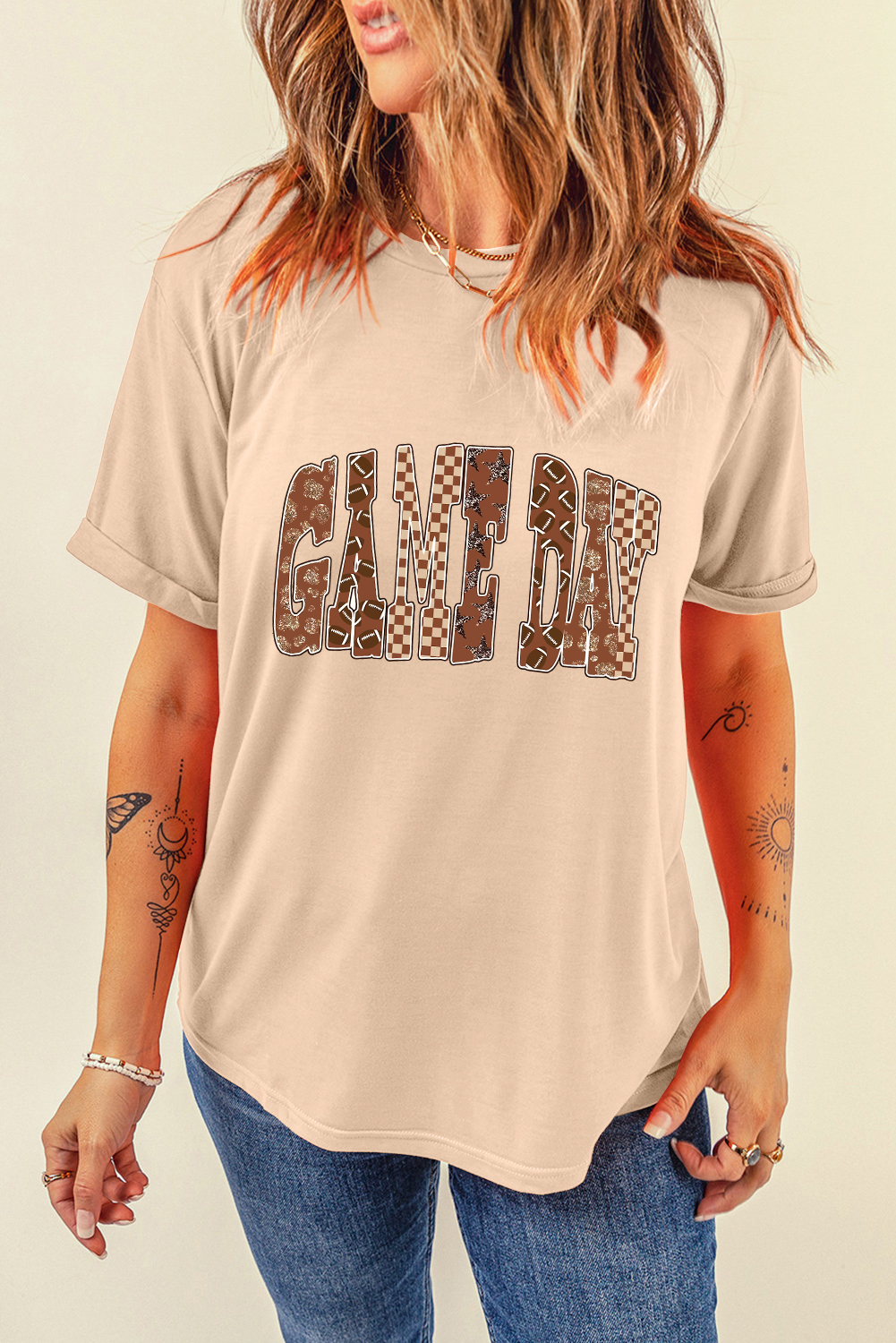Khaki GAME DAY Rugby Checkered Letter Graphic T Shirt